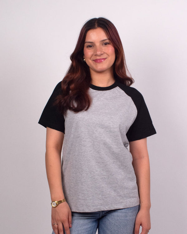 Grey Raglan Plain T-Shirt - light grey body with black raglan sleeves, regular fit tee worn by model