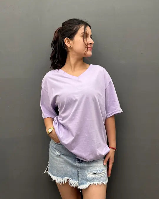 RB Lavender Plain V-Neck Oversize T-Shirt