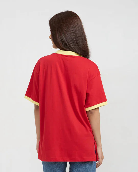 1963 Tap-Out V-Neck Oversize T-Shirt - red oversized tee with yellow trim on sleeves and neckline, worn by model