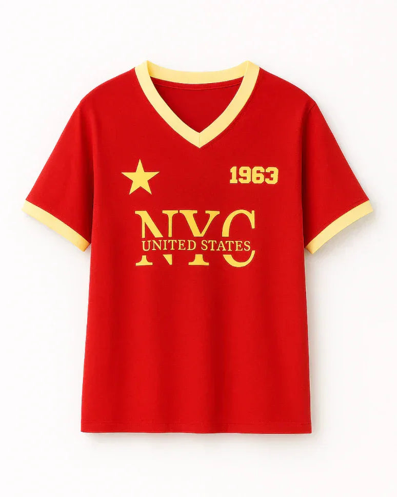 1963 Tap-Out V-Neck Oversize T-Shirt - red with yellow NYC graphic and star, shown in flat lay