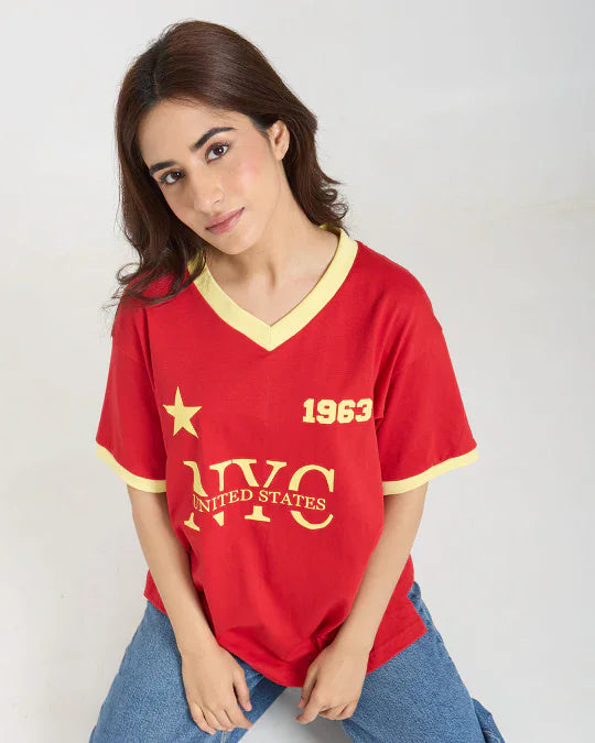 1963 Tap-Out V-Neck Oversize T-Shirt for Women Online In India | DKY