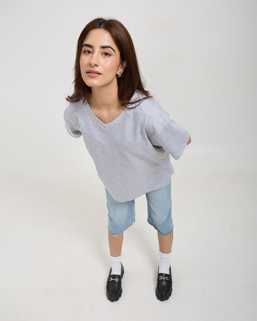 Grey Melange Plain V-Neck Oversized T-Shirt