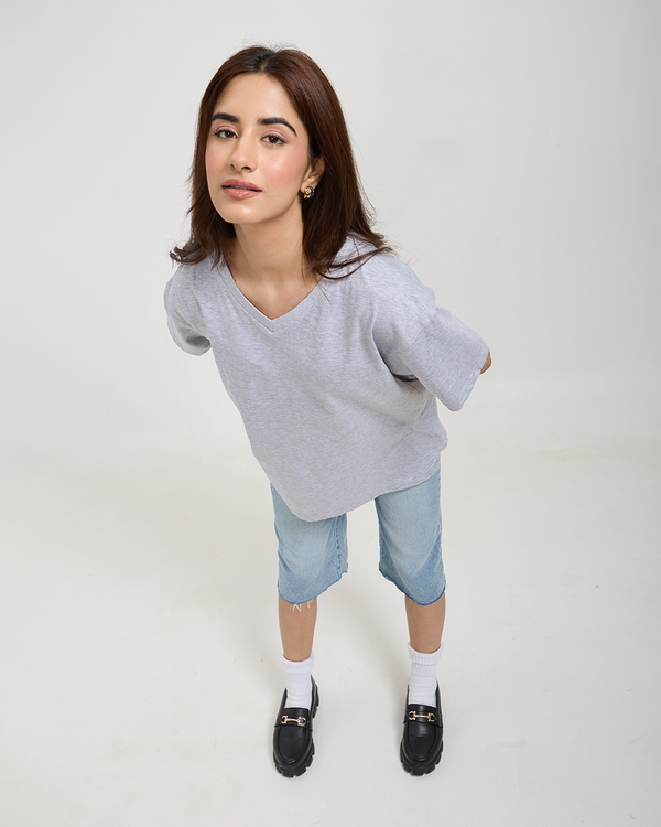 Grey Melange Plain V-Neck Oversized T-Shirt