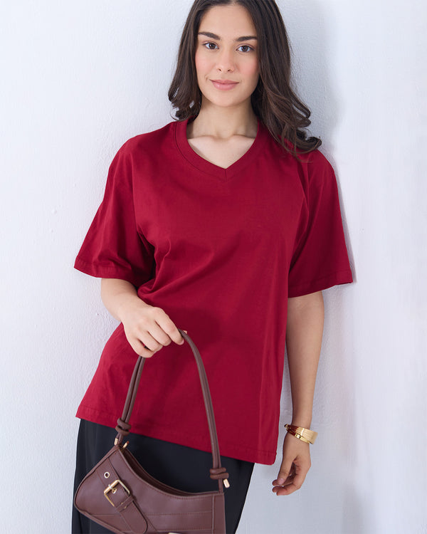 Ruby Plain V-Neck Oversize T-Shirt