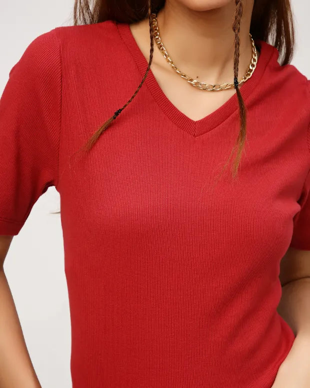 Red V-Neck Ribbed Top