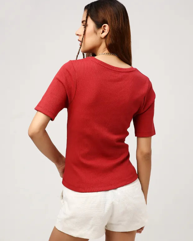 Red V-Neck Ribbed Top