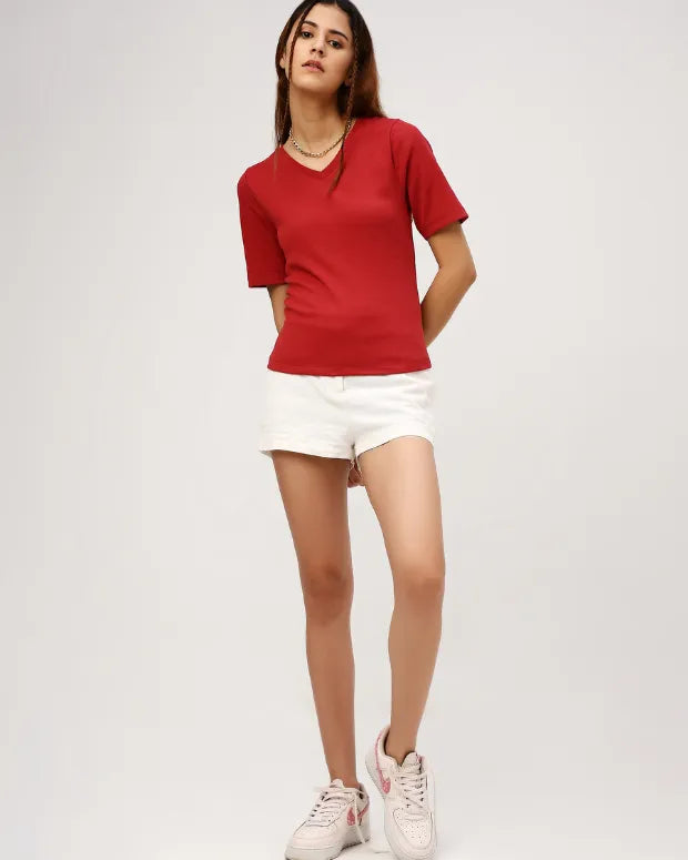 Red V-Neck Ribbed Top