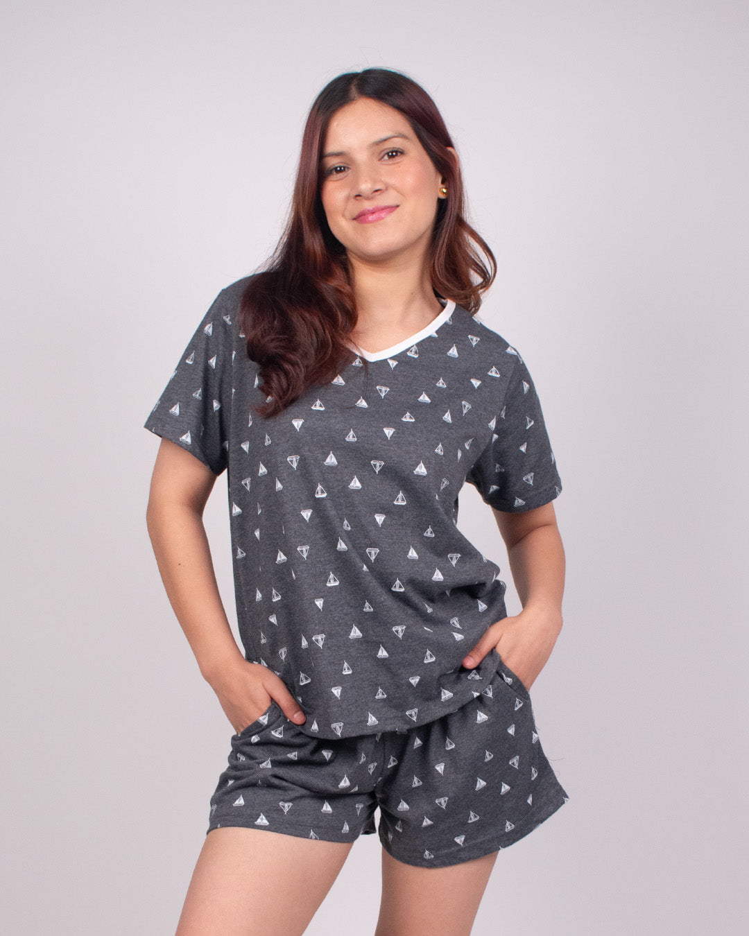 Sleep Afloat Cotton Shorts Set – dark gray heather relaxed-fit shorts set with sailboat print, worn by model