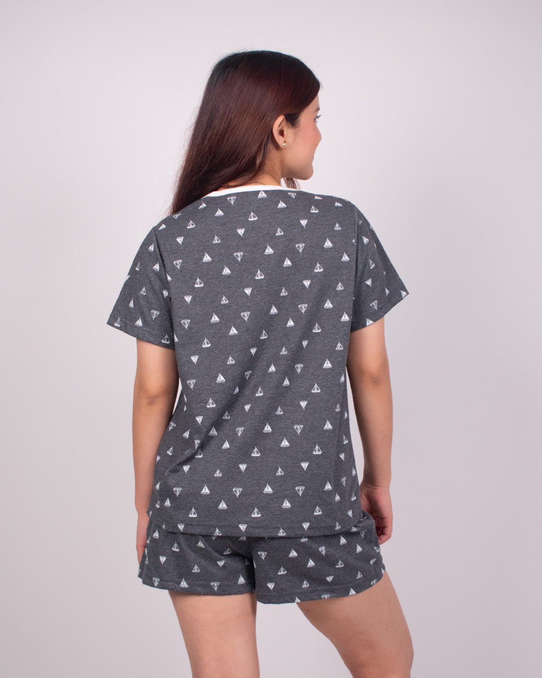 Sleep Afloat Cotton Shorts Set – dark gray with white triangle print, relaxed-fit top and matching shorts, worn by model