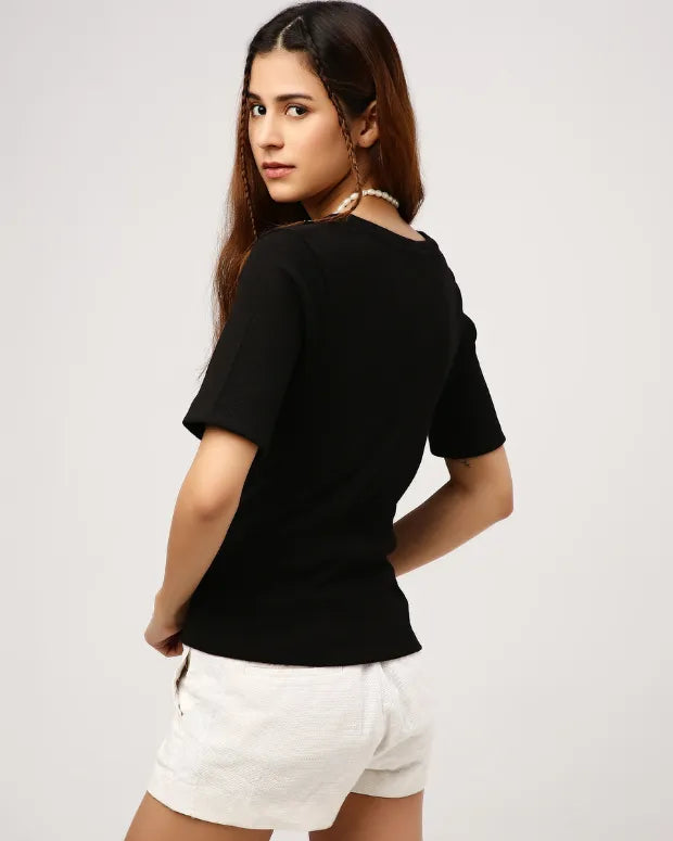 Black V-Neck Ribbed Top