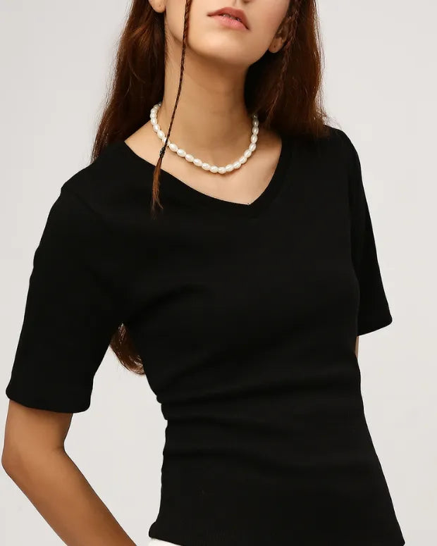 Black V-Neck Ribbed Top