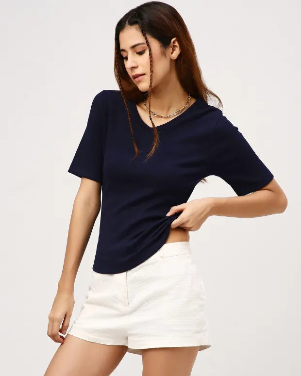 Navy Blue V-Neck Ribbed Top