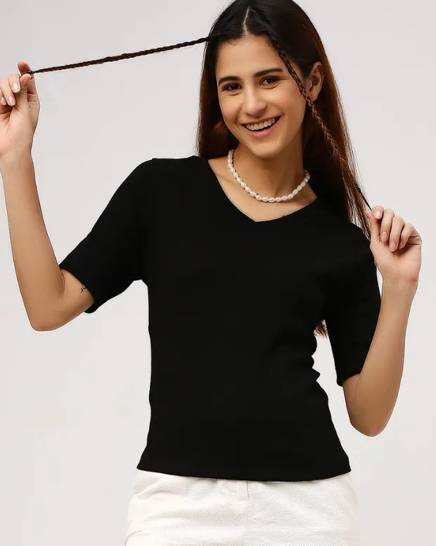 Black V-Neck Ribbed Top