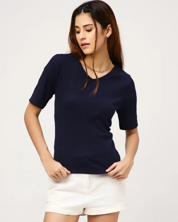 Navy Blue V-Neck Ribbed Top