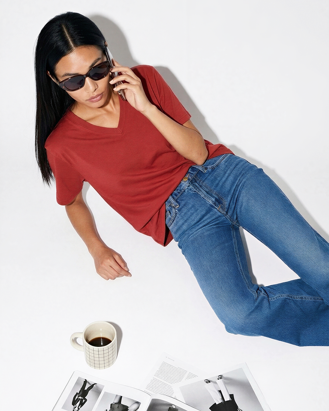 Brick Plain V-Neck Oversized T-Shirt