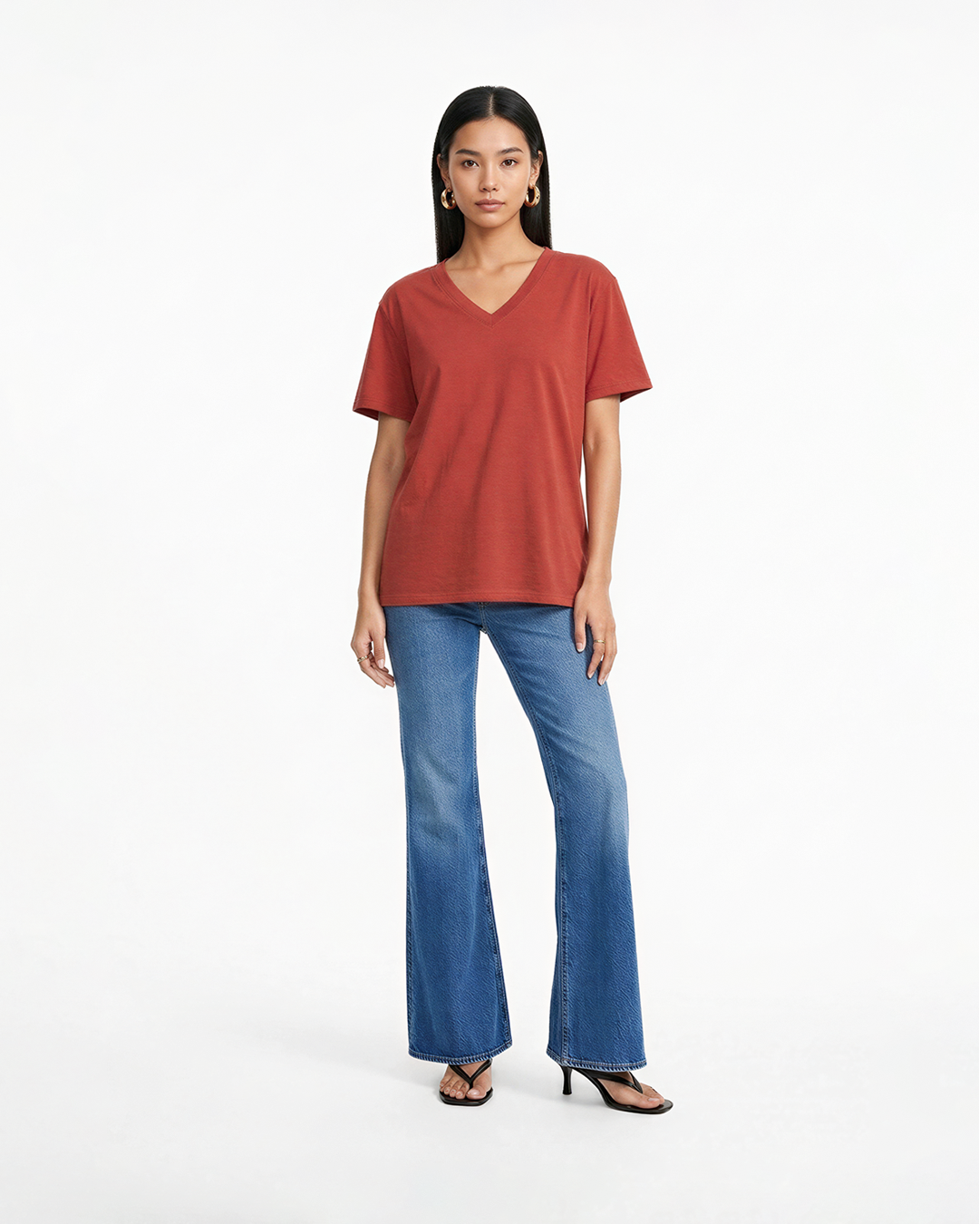 Brick Plain V-Neck Oversized T-Shirt