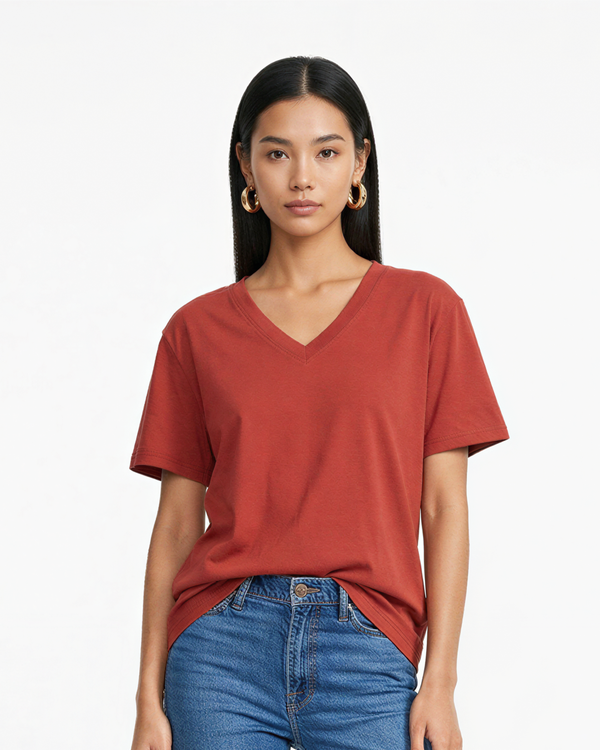 Brick Plain V-Neck Oversized T-Shirt