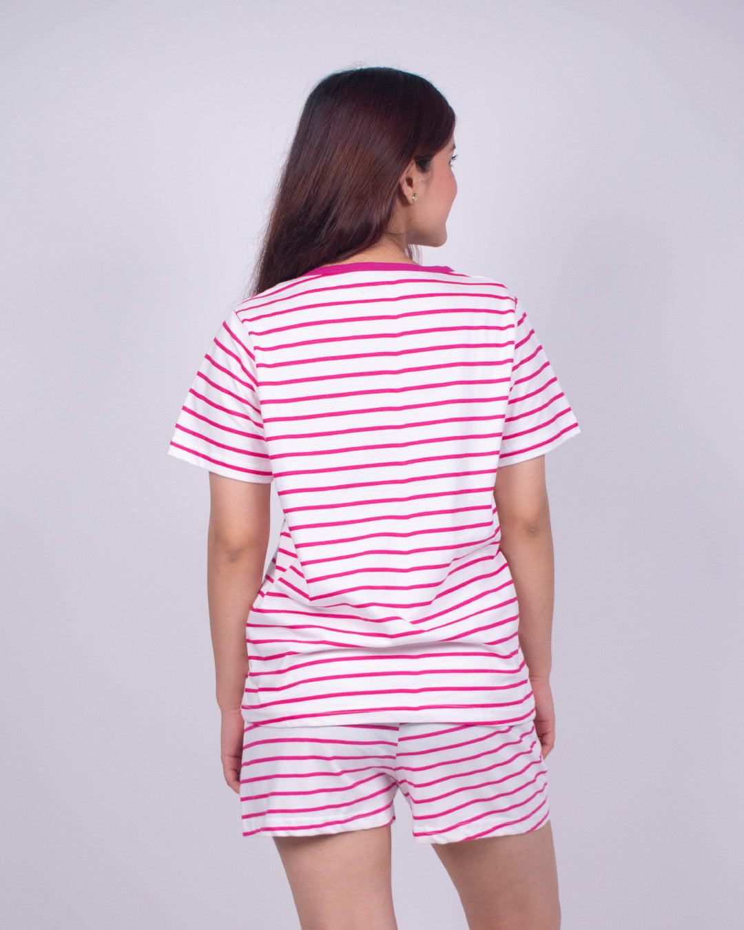 Candy Cane Cotton Shorts Set – pink and white striped tee and shorts worn by model