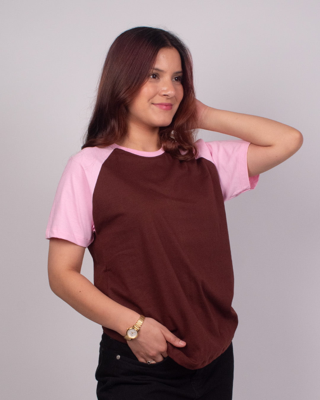 Brown Plain Raglan T-Shirt with pink sleeves in a relaxed regular tee, worn by model.