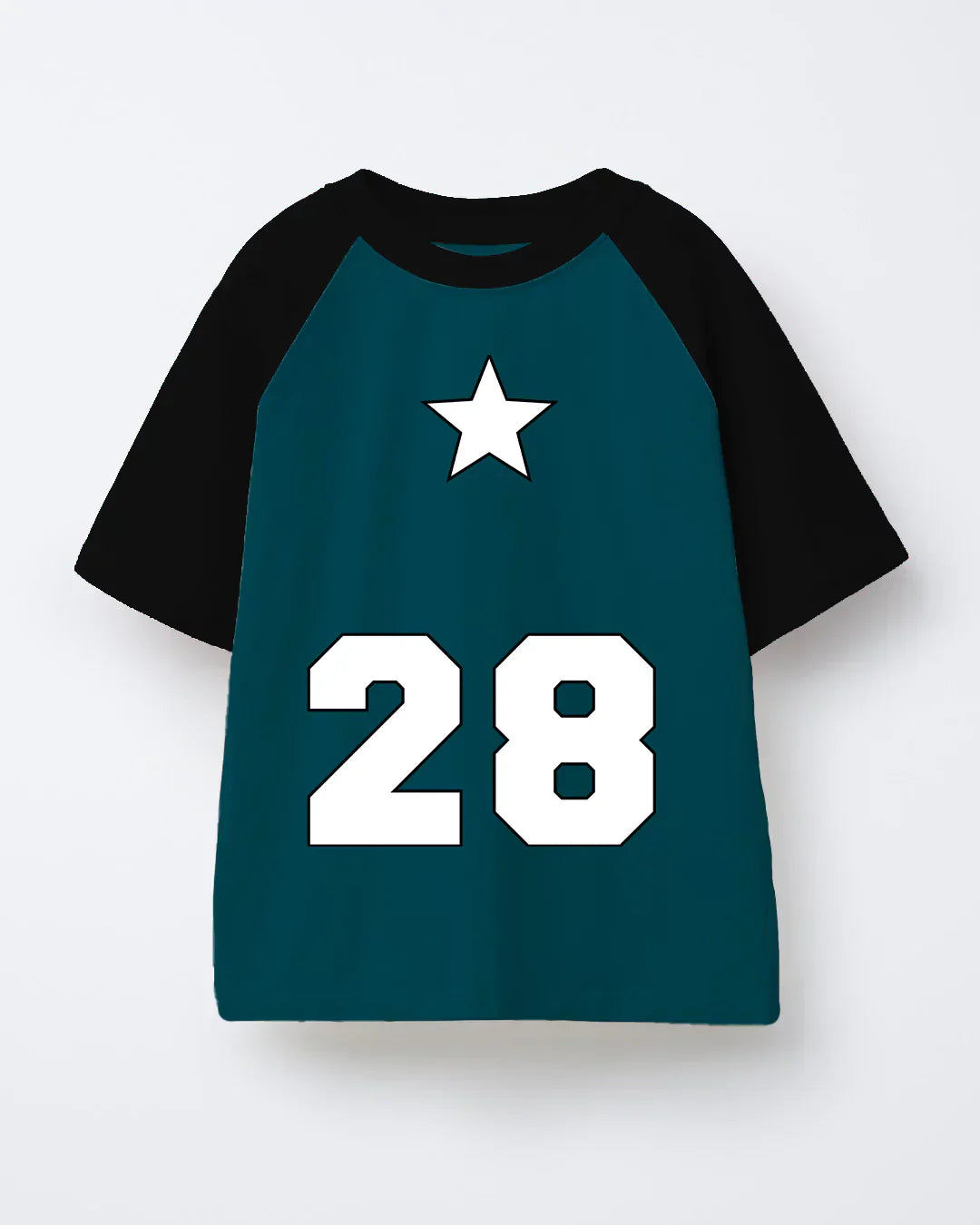 28 Raglan Oversized T-Shirt – teal body with black sleeves, white star on chest and bold 28 on front, flat lay