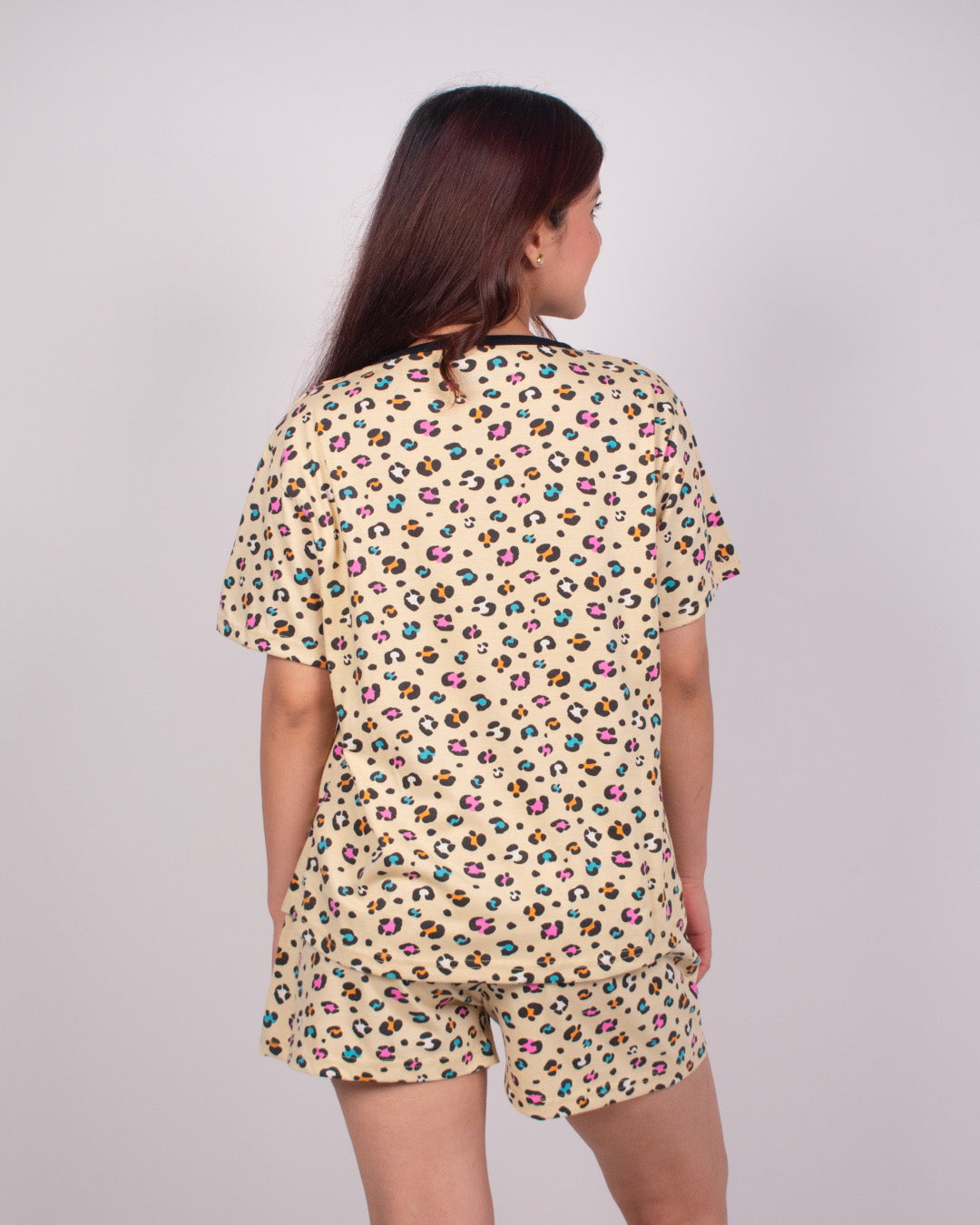 Leopard Print Cotton Shorts Set - beige base with multicolor leopard spots, relaxed top and matching shorts worn by model