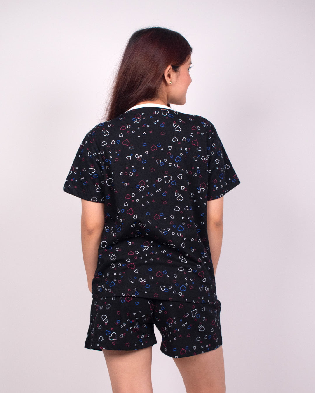 Black Hearts Cotton Shorts Set – relaxed-fit top and shorts with heart print, worn by model