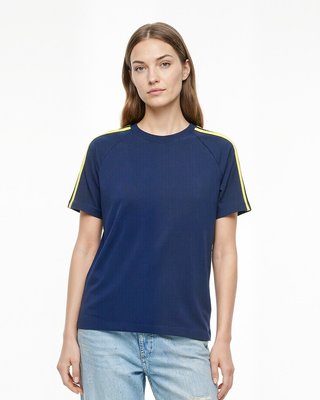 Navy Blue-Yellow Curve Plain T-Shirt