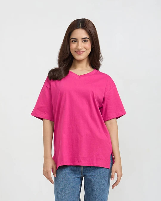 Hot Pink Plain V-Neck Oversized T-Shirt for Women Online In India | Dky