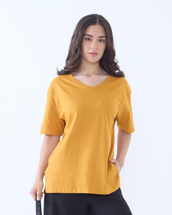 Mustard Plain V-Neck Oversized T-Shirt