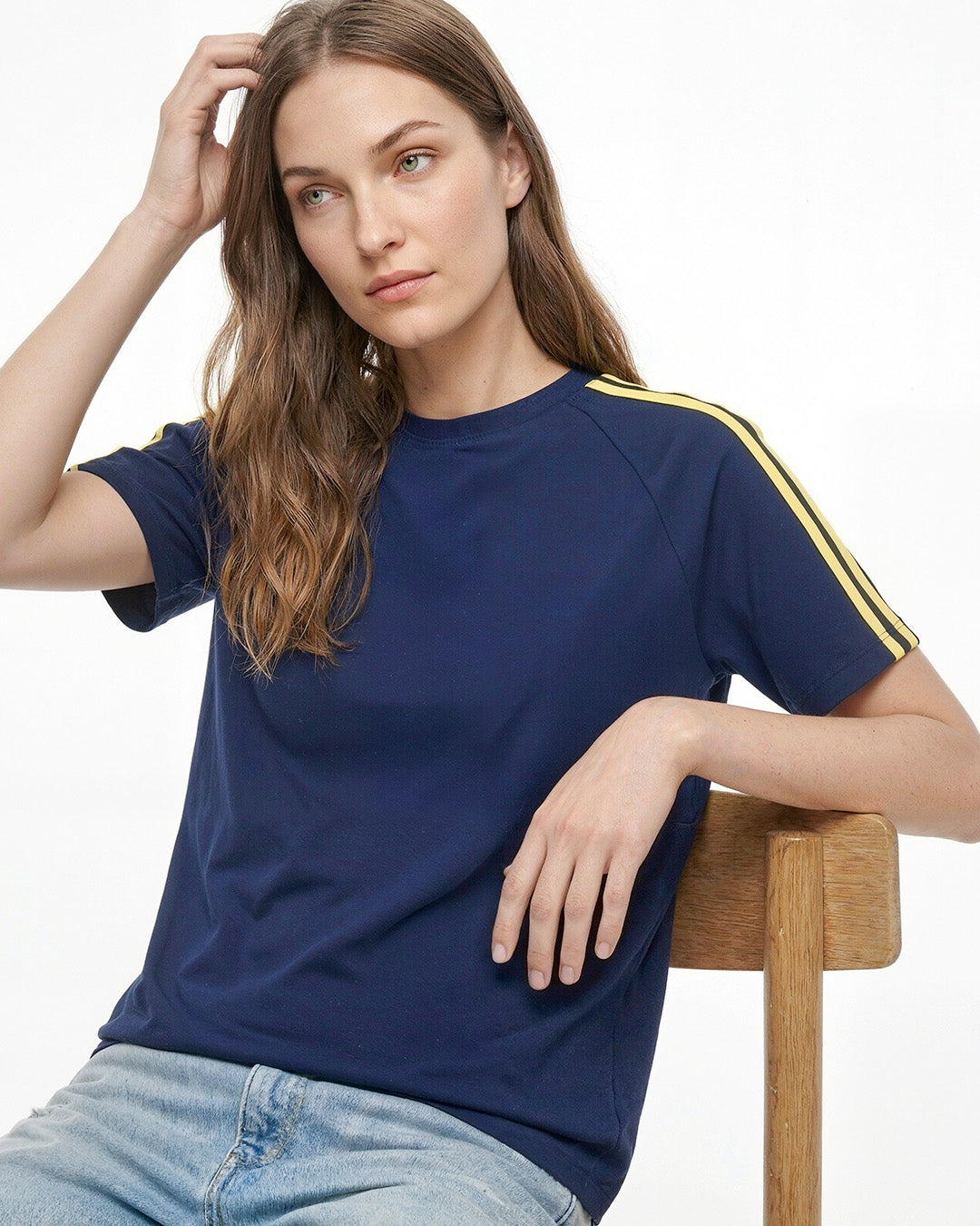 Navy Blue-Yellow Curve Plain T-Shirt