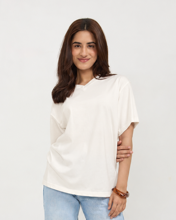 Off White Plain V-Neck Oversized T-Shirt