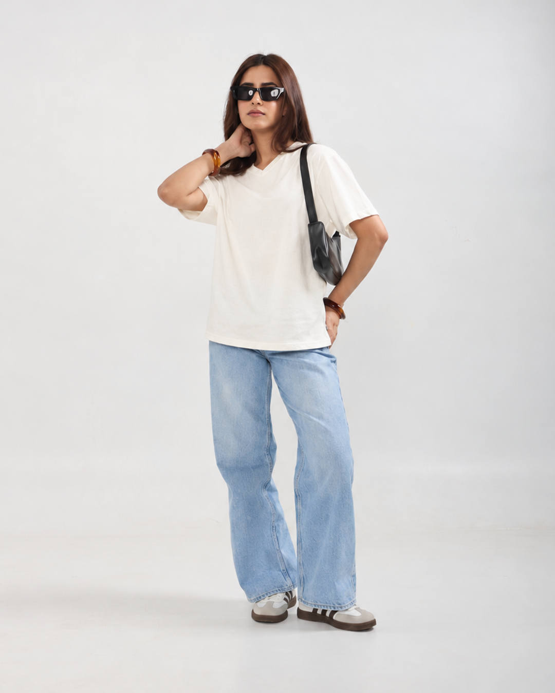 Off White Plain V-Neck Oversized T-Shirt