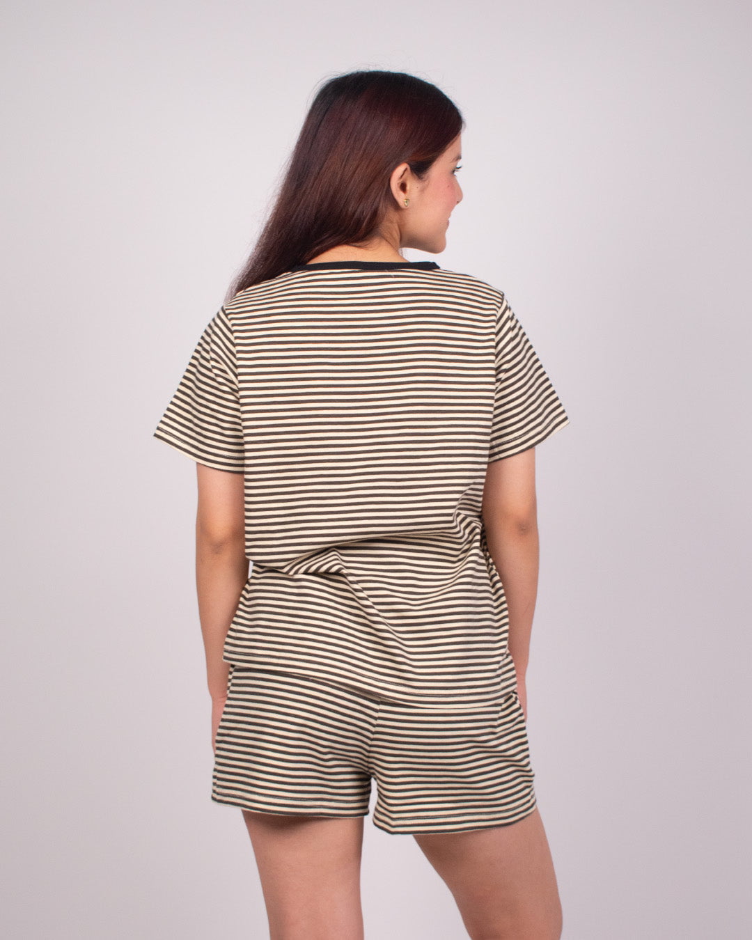 Mocha Cotton Shorts Set by DKY – beige and black striped, two-piece, relaxed-fit top with matching shorts, worn by model