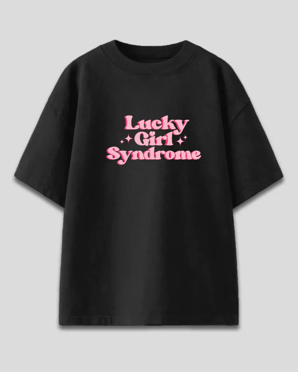 Arlo Lucky Girl Syndrome Oversized T-Shirt – black graphic tee with pink text