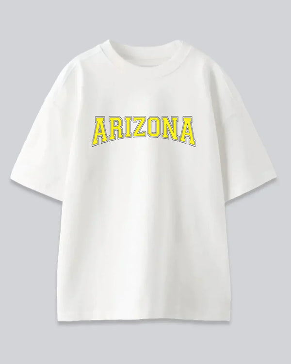 Arlo Arizona Oversized T-Shirt – white cotton tee with yellow ARIZONA arch graphic
