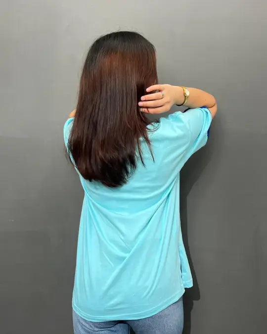 35 Tap-Out V-Neck Oversize T-Shirt - light blue oversized tee in 100% pure fabric, DKY, worn by model