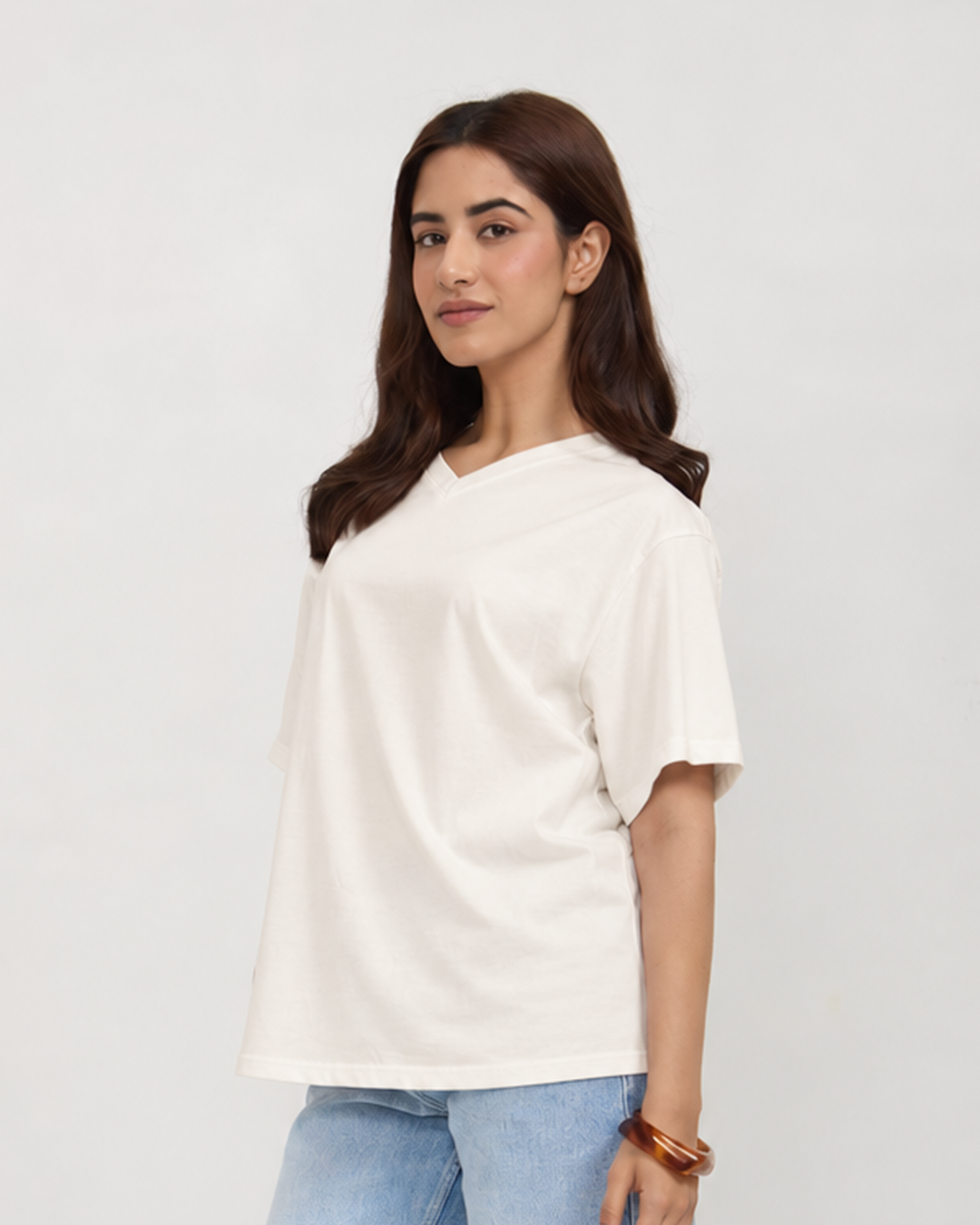 Off White Plain V-Neck Oversized T-Shirt