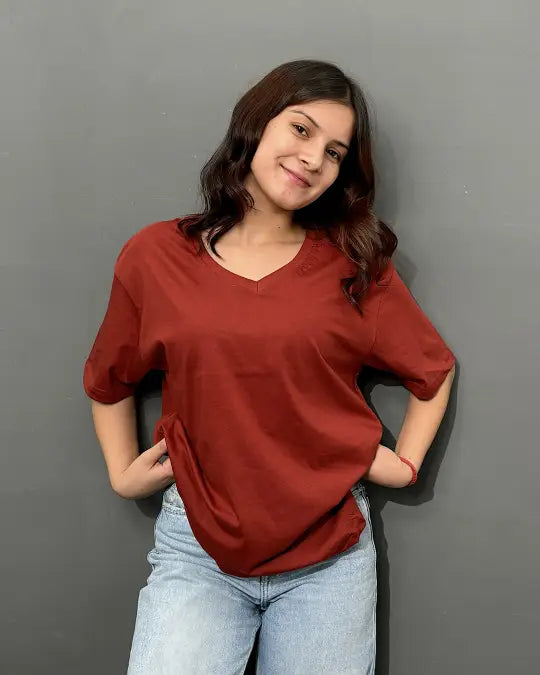 Brick Plain V-Neck Oversized T-Shirt