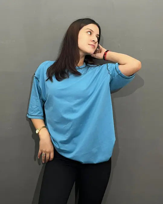 Denim Blue Reverse Weave Plain Oversized T-Shirt