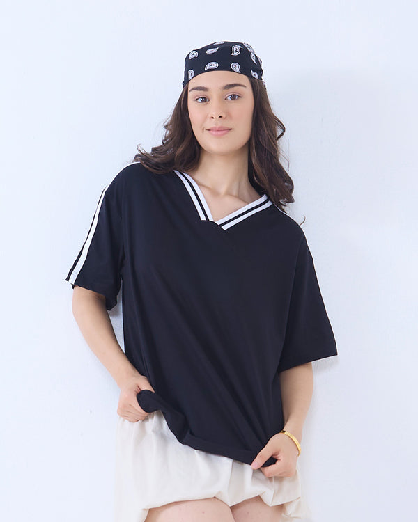 Black Jersey Plain V-Neck Oversize T-Shirt