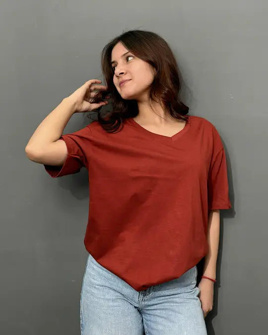 Brick Plain V-Neck Oversized T-Shirt