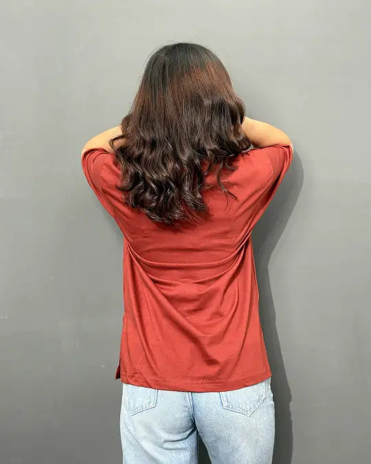 Brick Plain V-Neck Oversized T-Shirt