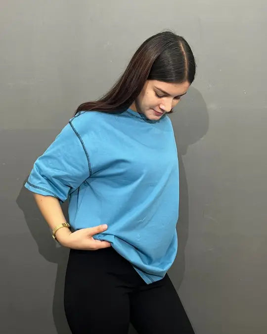 Denim Blue Reverse Weave Plain Oversized T-Shirt