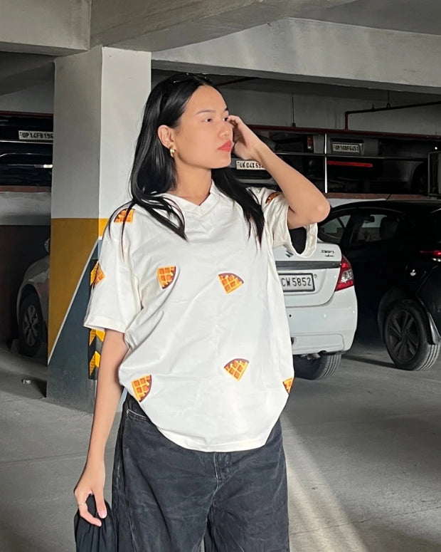 Waffle V-Neck Oversized T-Shirt