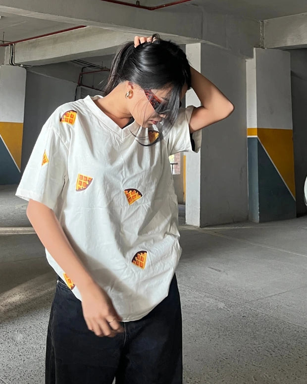 Waffle V-Neck Oversized T-Shirt