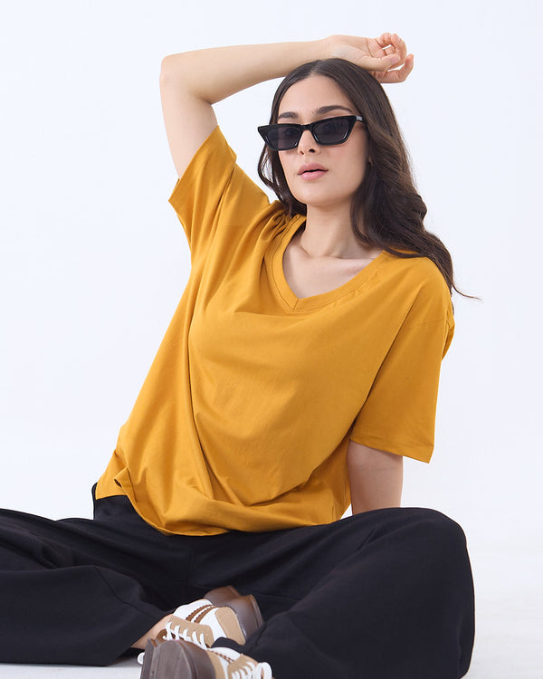 Mustard Plain V-Neck Oversized T-Shirt