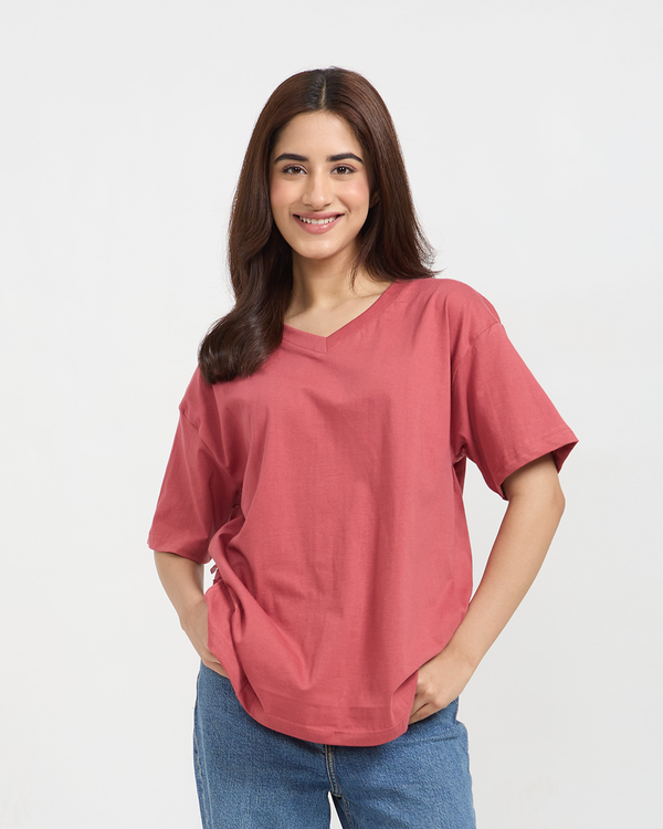 Brick Plain V-Neck Oversized T-Shirt