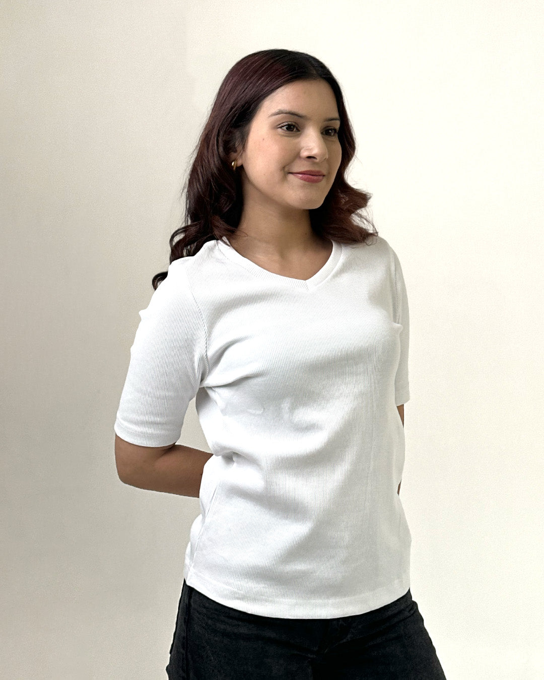 White V-Neck Ribbed Top