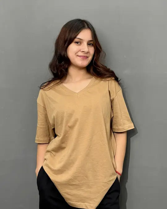 Camel Plain V-Neck Oversize T-Shirt