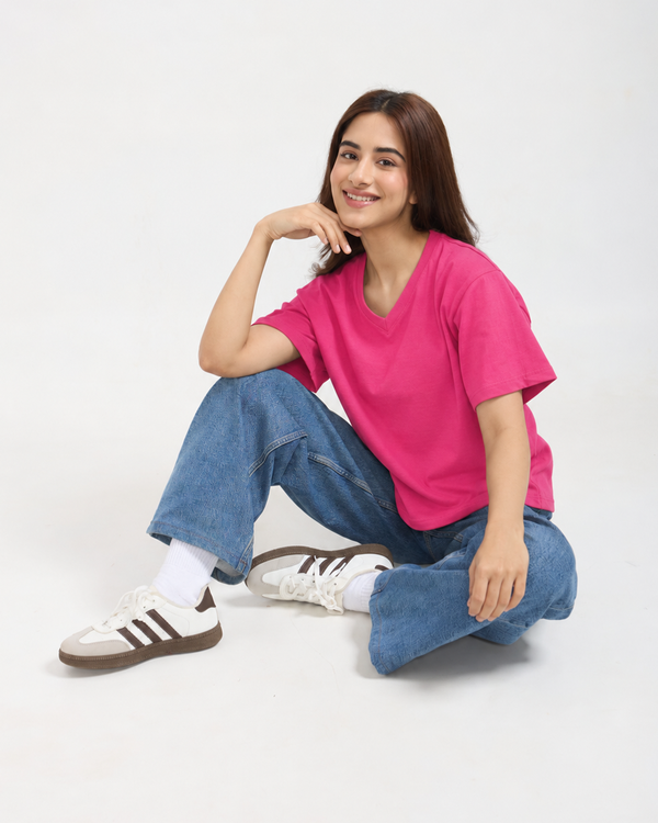Hot Pink Plain V-Neck Oversized T-Shirt